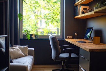 cozy home working space with a wooden desk, desktop PC, chair, and dark blue wall