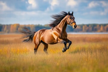 Elegant Horse Galloping Across Sunlit Meadow