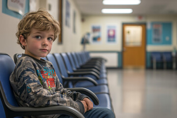 Child sitting in a waiting room or a hallway, school or doctor