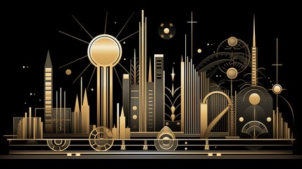 A stylized, geometric skyline art deco illustration featuring various skyscrapers and architectural elements in gold and black. 