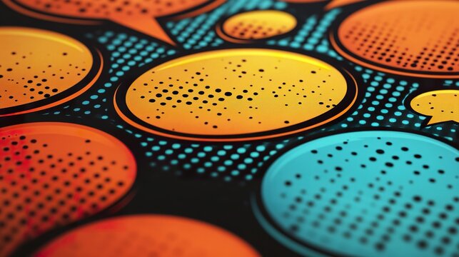 A close-up of a comic page with prominent speech bubbles, spotlighted to create dramatic shadows and enhance the retro comic feel with a bold, patterned backdrop