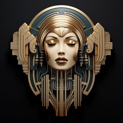 A stylized, art deco-inspired sculpture of a woman's face, featuring intricate geometric patterns and metallic gold and blue accents.  © Aleksander