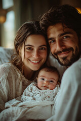 Fototapeta premium A newborn baby is born in a hospital and the mother and father look at the child with joy