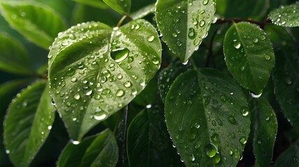 water drops on green leaf, dew drops on plants