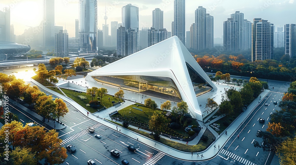 Aufkleber A modern triangular shaped museum building on the edge of an urban park, surrounded by road and footpath in front and behind it with tall buildings around it, aerial view. Generative AI.