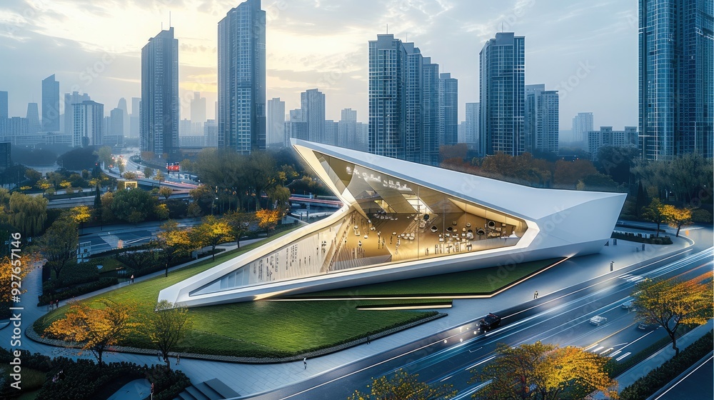 Aufkleber A modern triangular shaped museum building on the edge of an urban park, surrounded by road and footpath in front and behind it with tall buildings around it, aerial view. Generative AI.