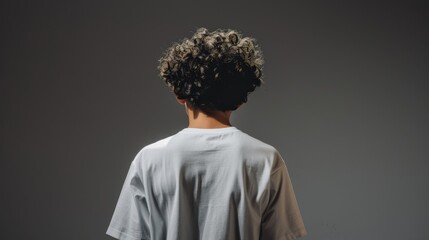 Obraz premium Young man with curly hair stands against a neutral backdrop indoors