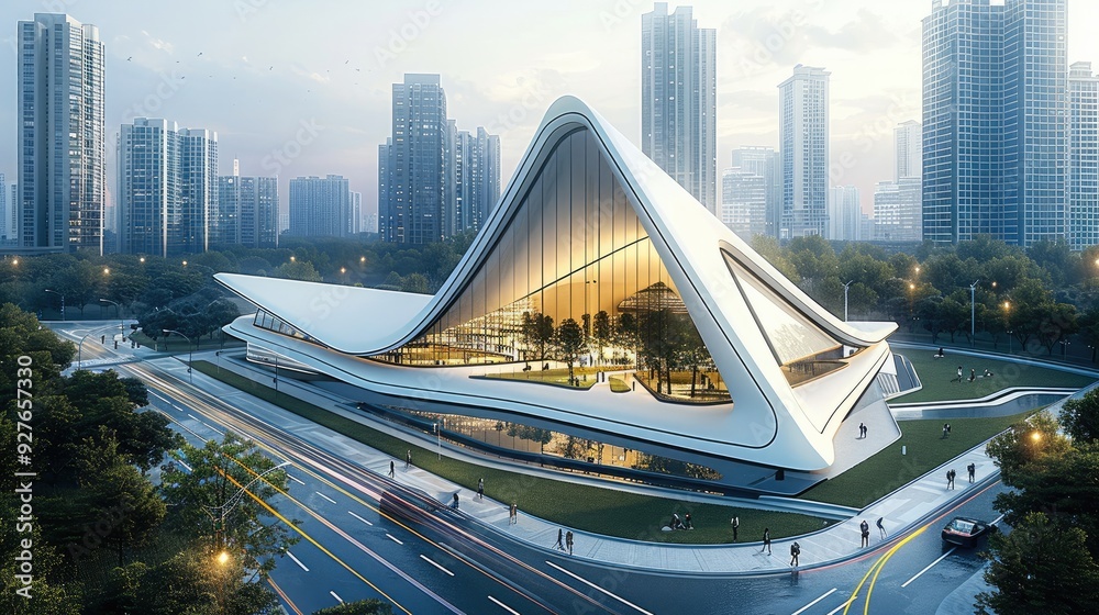Aufkleber A modern triangular shaped museum building on the edge of an urban park, surrounded by road and footpath in front and behind it with tall buildings around it, aerial view. Generative AI.