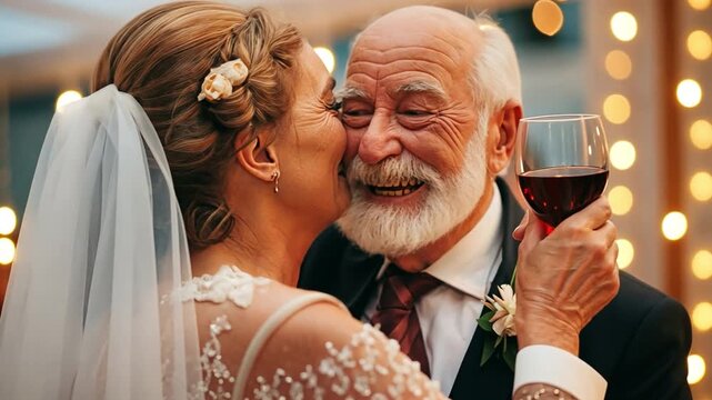 At the wedding celebration, a bald elderly groom embraces a female companion while sipping wine.