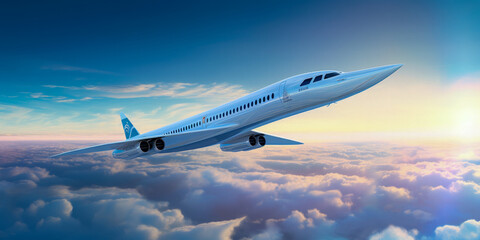 Obraz premium Exterior view of modern airplane as representation of generic supersonic plane, symbol of the future of the passenger aviation