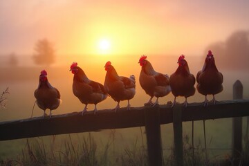 Dawn Light Illuminates Roosting Chickens on Fence