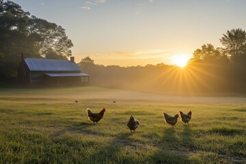 Chickens foraging in a tranquil morning farm setting