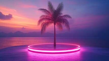 Obraz premium Neon podium display with palm tree in a modern setting