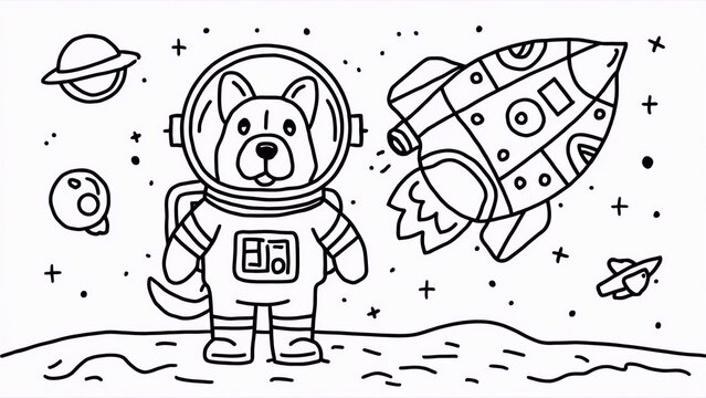 dog in spacesuit next to spaceship, simple black lines. black and white coloring book, illustrations for creative leisure
