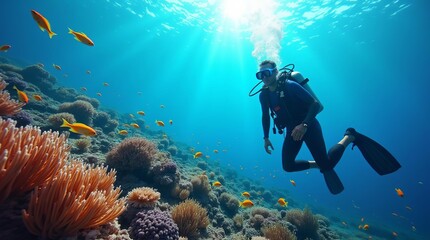 Scuba Diver Exploring Vibrant Coral Reef: Underwater Adventure with Tropical Fish and Marine Biodiversity
