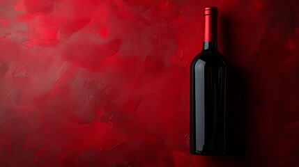 Red wine bottle on a red backdrop with empty space for text, viewed from above. 