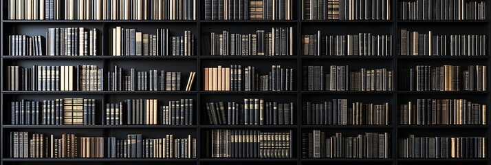 Grand, dark wooden library bookshelf filled with meticulously organized books, evoking wisdom and mystery.
