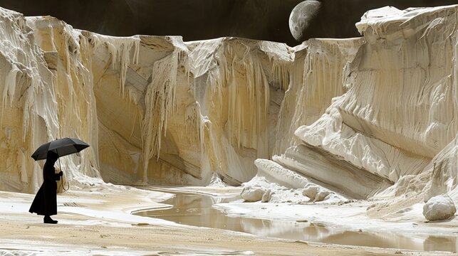 Woman With Umbrella Standing In White Sand Canyon With Large Moon And Star Studded Sky