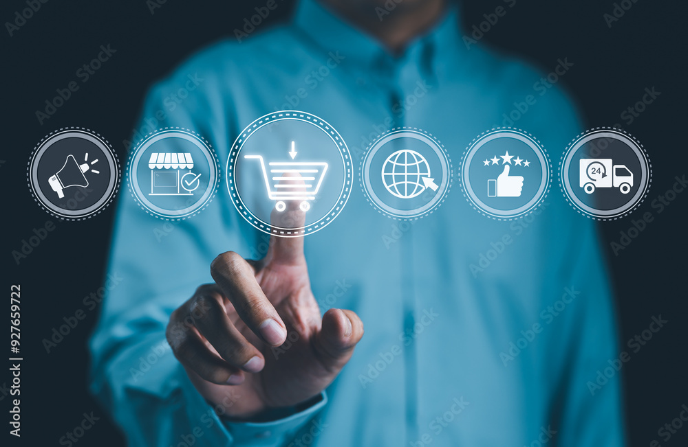 Wall mural e-commerce technology. a person interacts with digital icons representing e-commerce concepts such a