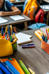 bright modern school supplies with kids at a desk in a classroom backpack cover photo