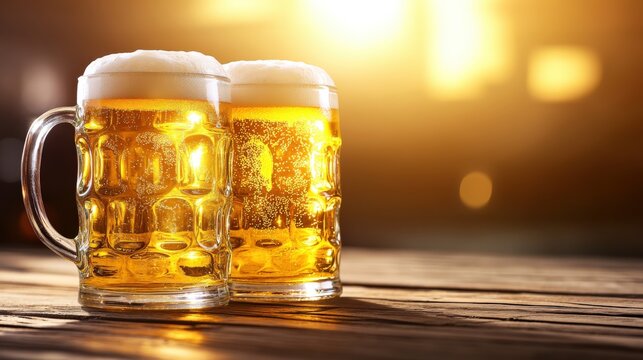 Frosty beer mugs filled with golden brew on a wooden bar table