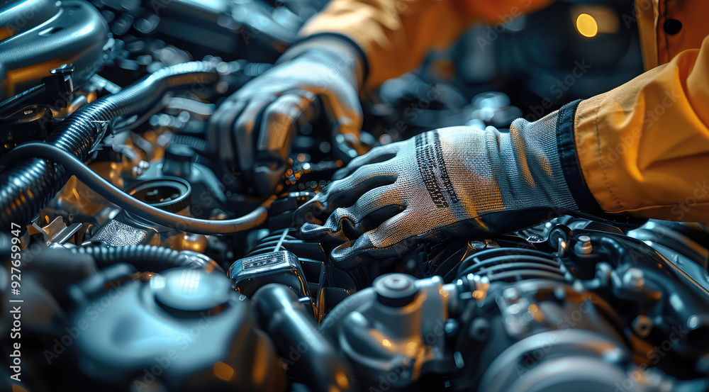 Poster a mechanic hands are repairing a modern engine. generative ai.