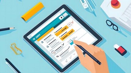 user interacting with an online customer survey form on a tablet, capturing feedback and ratings