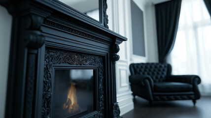 A stylish living room with a roaring fireplace elegant black lace curtains and a ghostly figure faintly visible in the mirror above the mantel 