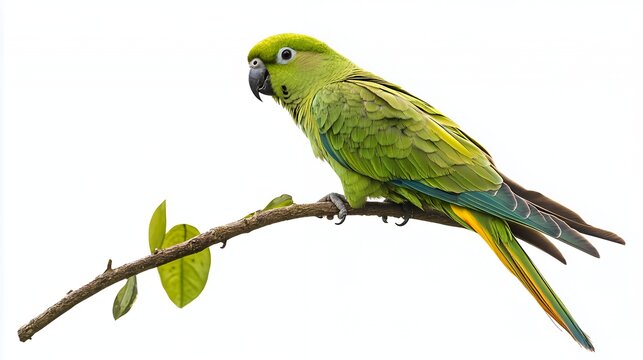 A green parrot with yellow tail feathers perches on a branch with a few leaves, isolated on white background.
