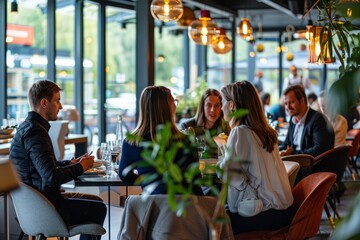 A bustling restaurant scene with diverse patrons enjoying meals in a spacious dining area filled with tables and chairs, A business lunch with colleagues at a trendy restaurant, Ai generated