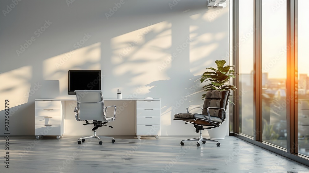 Aufkleber Modern Office wall decor mockup opposite an empty wall surface, on the right side an office chair and a table with an office computer. Generative AI.