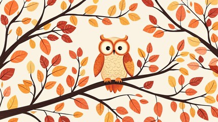 A whimsical owl perched on a branch, surrounded by vibrant autumn leaves, creating a warm and inviting seasonal atmosphere.
