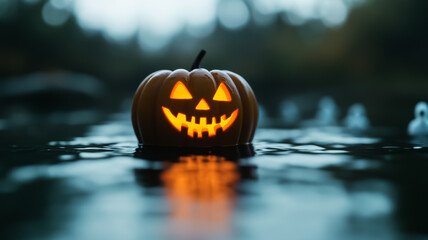 Close up of a mysterious glowing jack o lantern submerged halfway in dark murky water with eerie ripples and ghostly figures faintly visible beneath the surface 