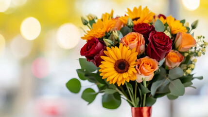 Close up of a vibrant autumn bouquet with burnt orange chrysanthemums deep red roses and yellow sunflowers tied with a ribbon against a soft blurred background of fall foliage 