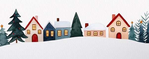 Charming winter scene with cozy houses and snowy landscape, perfect for holiday themes and seasonal decorations.