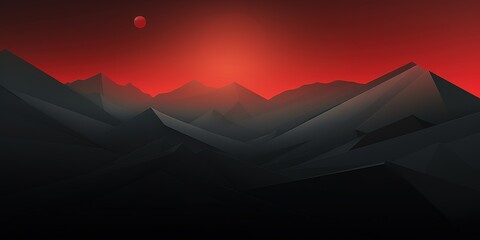 Abstract geometric mountain range silhouette against red sunset.