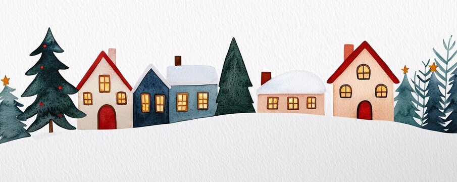 Charming winter scene with cozy houses and snowy landscape, perfect for holiday themes and seasonal decorations.