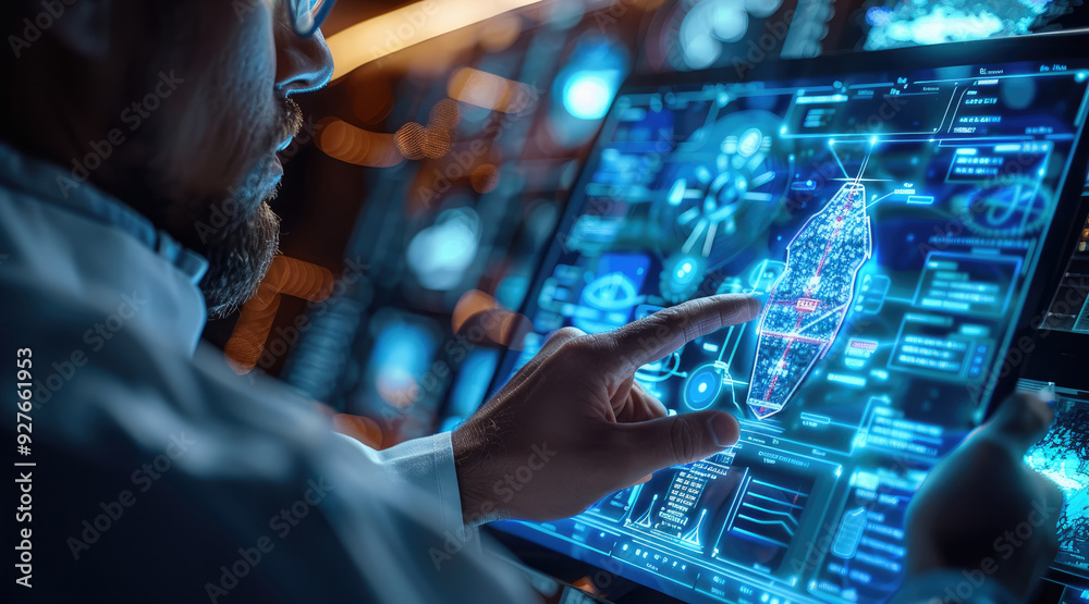 Poster Scientific researcher holding a digital tablet with ship automation and data diagram on the screen, ship technology concept. Man using hologram to draw graphic plan for project. Generative AI.