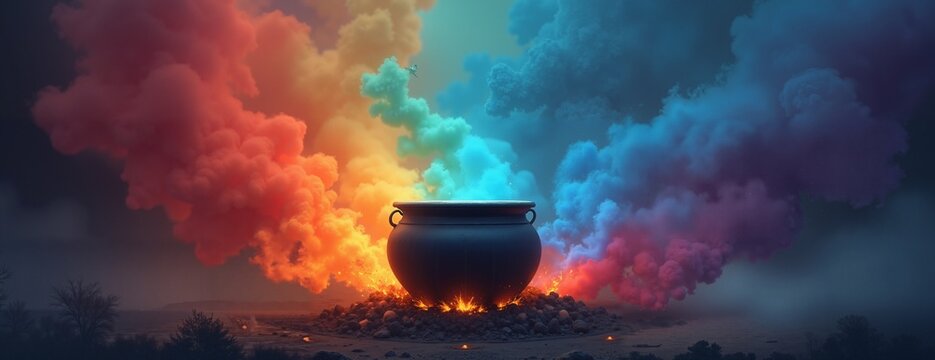 Mystical Cauldron with Colorful Smoke Representing Magic and Mystery against Surreal Sky