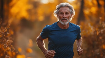 Senior man with gray hair running through an autumn forest, golden leaves and sunlight creating a warm, serene atmosphere. Active and healthy lifestyle, fitness.