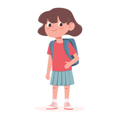 Cute little school girl with a backpack. Flat vector illustration isolated on white background