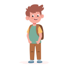 Cute little school boy with a backpack. Flat vector illustration isolated on white background