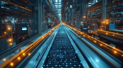 Conveyor belt with glowing grid pattern in an industrial setting.