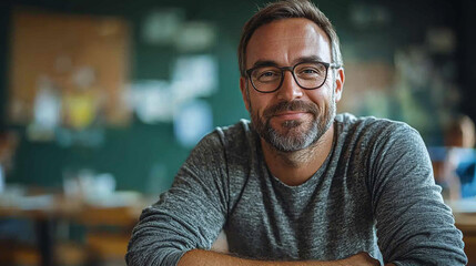 45-year-old happy fat male teacher sitting at a desk in the classroom, cover photo for a PowerPoint presentation, dark green background 