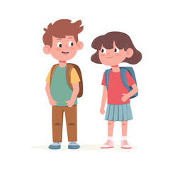 Cute little school boy and girl with a backpacks. Flat vector illustration isolated on white background
