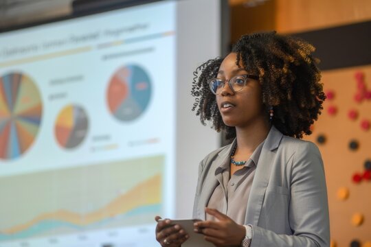 A woman wearing glasses presents to an audience, engaging them with her informative speech and visual aids, A businesswoman giving a presentation in front of a screen. AI generated