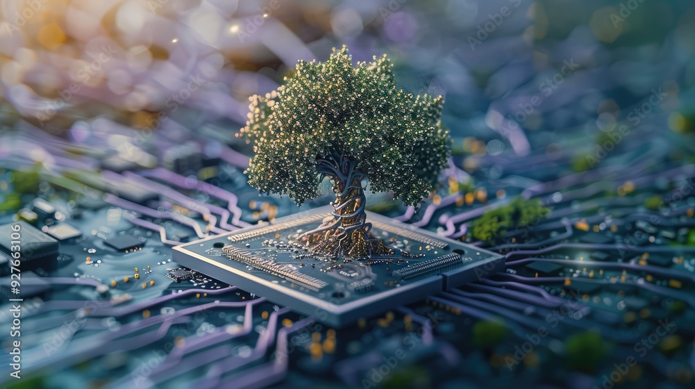 Aufkleber a computer motherboard with a tree growing out of it, blending technology with nature. the motherboa