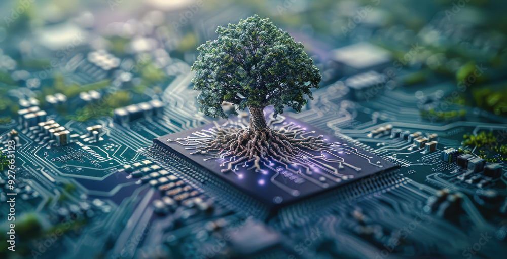 Aufkleber A computer motherboard with a tree growing out of it, blending technology with nature. The motherboard should be detailed, with circuits and components visible. Generative AI.