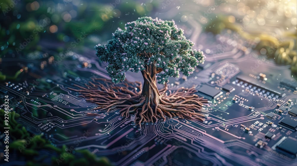 Poster A computer motherboard with a tree growing out of it, blending technology with nature. The motherboard should be detailed, with circuits and components visible. Generative AI.
