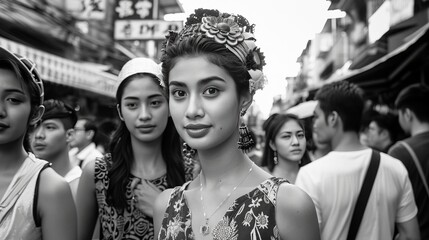 Woman With Flower Headband Smiling at Camera in a Crowd, Black and White Street Photography